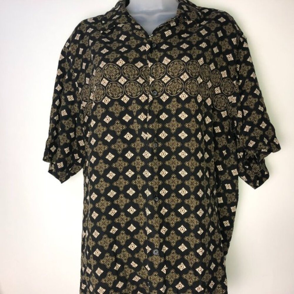 Claiborne Black Brown Fleur-de-lis Button Down Silk‎ Shirt Women's Large